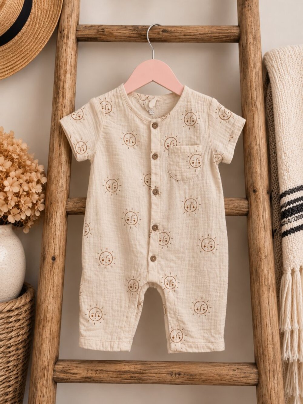 Quincy Mae Sun Print Organic Muslin Romper 3-6M Cream Baby One Piece